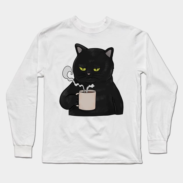 Grumpy Black Cat with Coffee Morning Grouch Long Sleeve T-Shirt by Mesyo